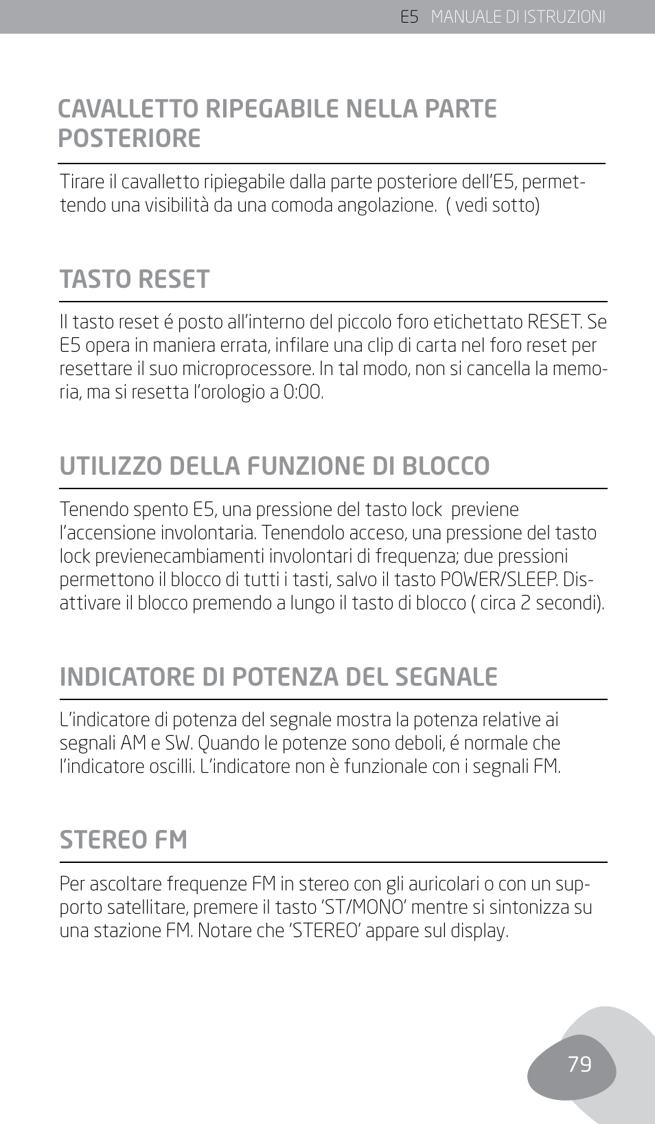 Tasto reset, Cavalletto ripegabile nella parte posteriore | Eton E5 User Manual | Page 81 / 106
