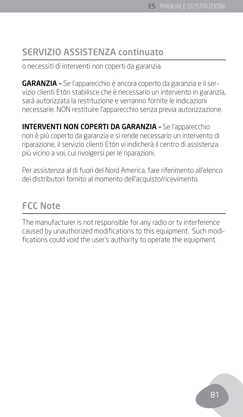 Servizio assistenza continuato | Eton E5 User Manual | Page 83 / 106