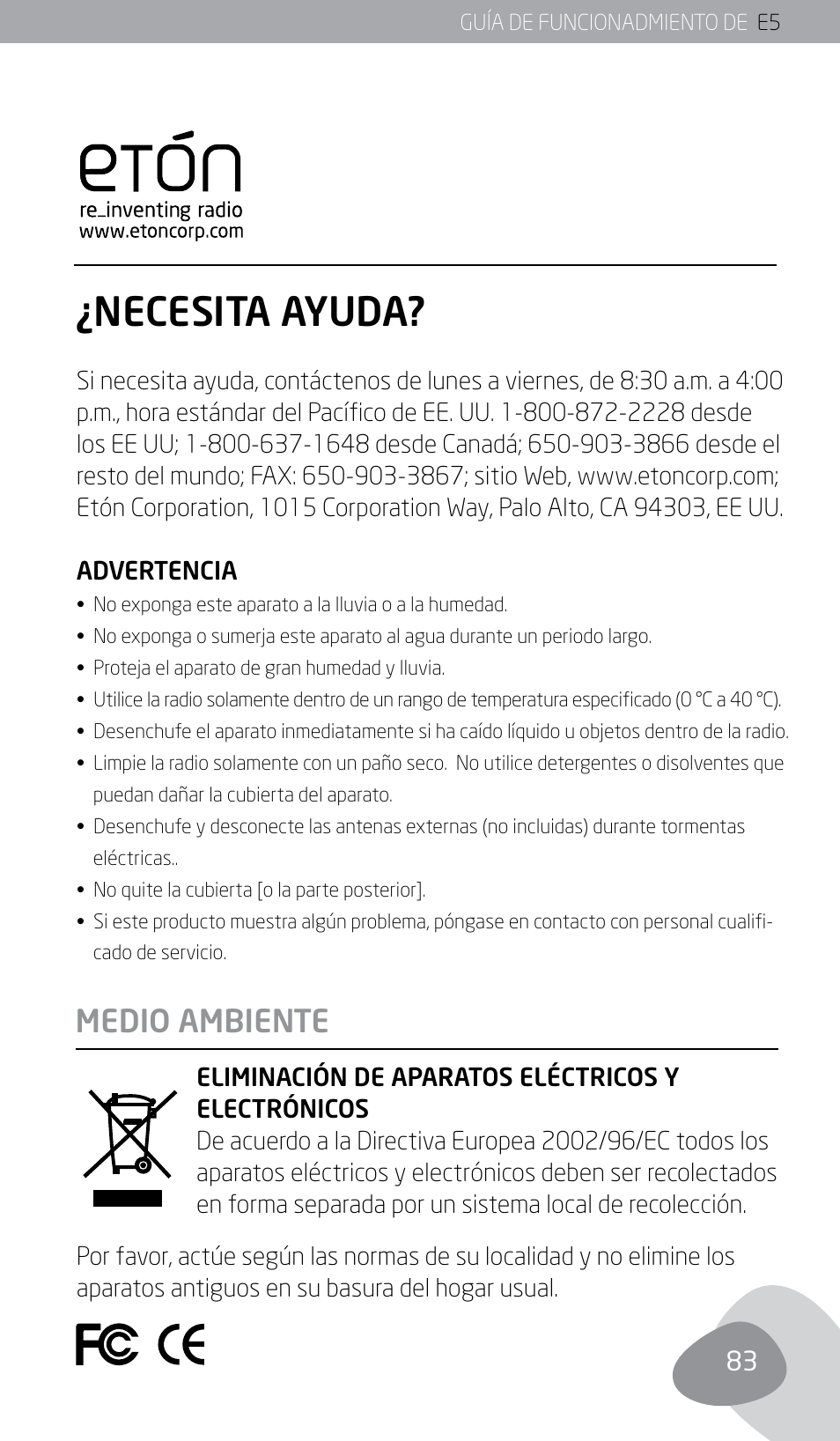 Necesita ayuda, Medio ambiente | Eton E5 User Manual | Page 85 / 106