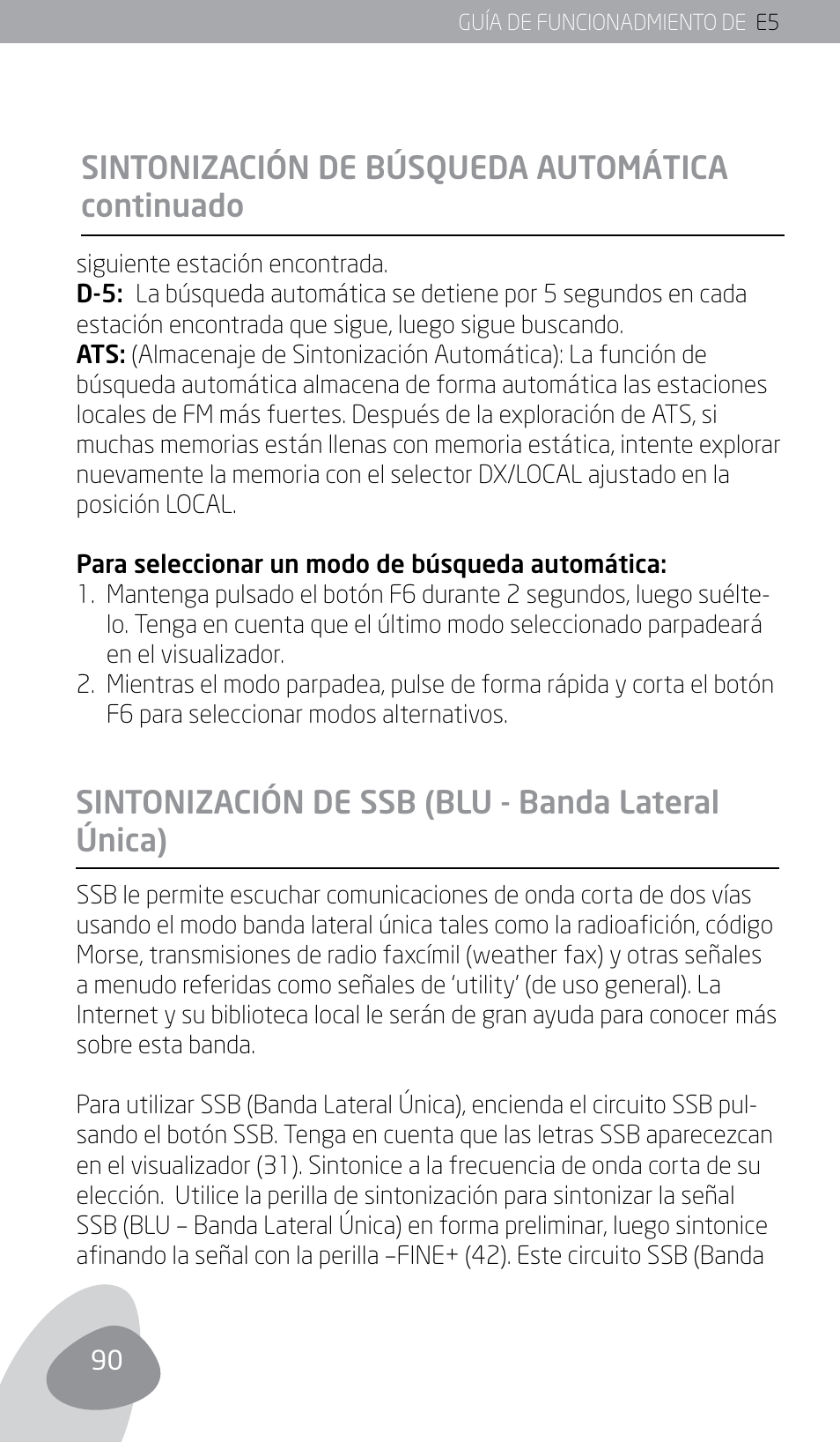 Sintonización de búsqueda automática continuado, Sintonización de ssb (blu - banda lateral única) | Eton E5 User Manual | Page 92 / 106