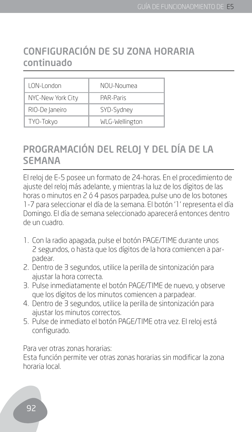 Configuración de su zona horaria continuado, Programación del reloj y del día de la semana | Eton E5 User Manual | Page 94 / 106