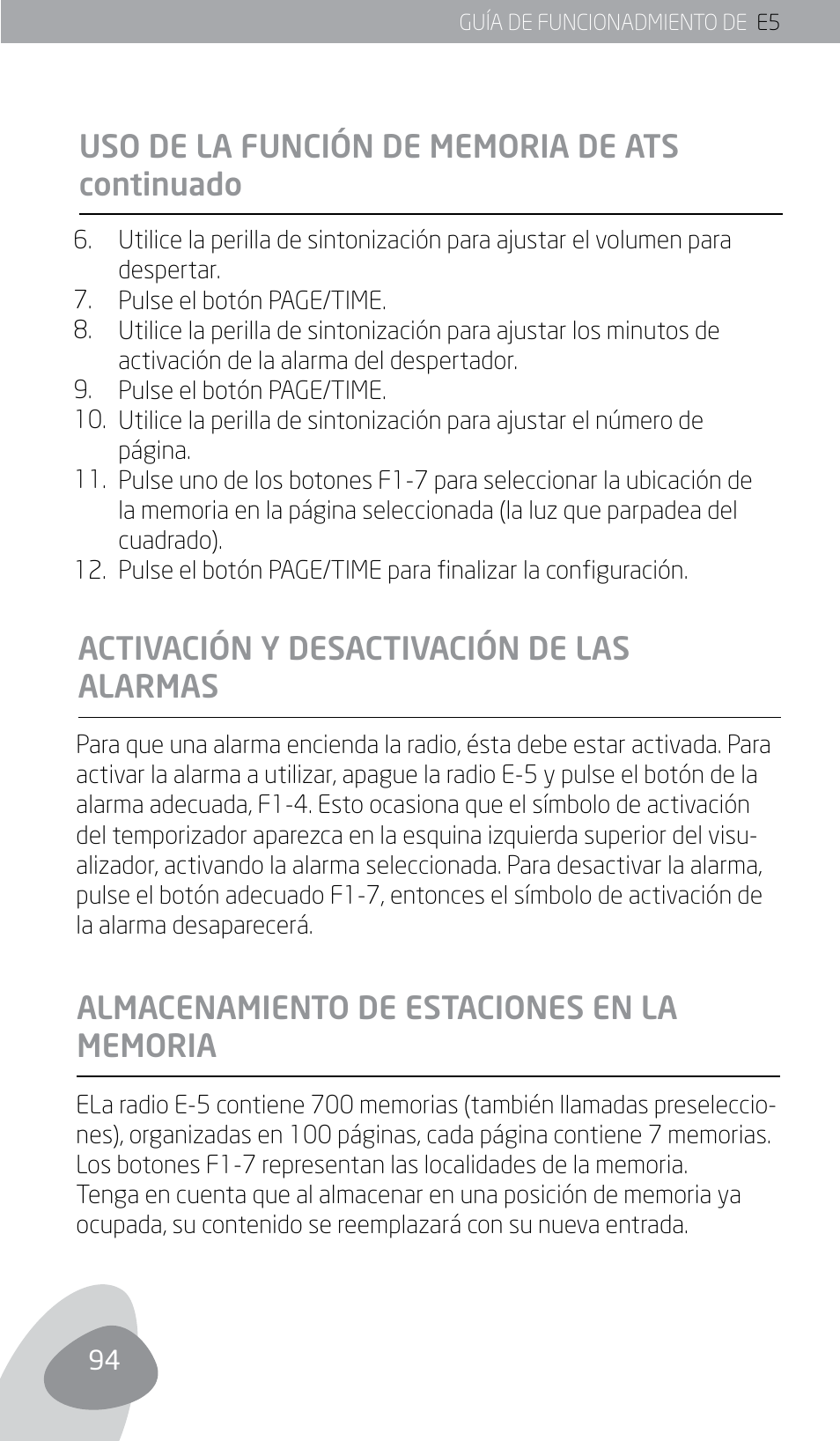 Activación y desactivación de las alarmas | Eton E5 User Manual | Page 96 / 106