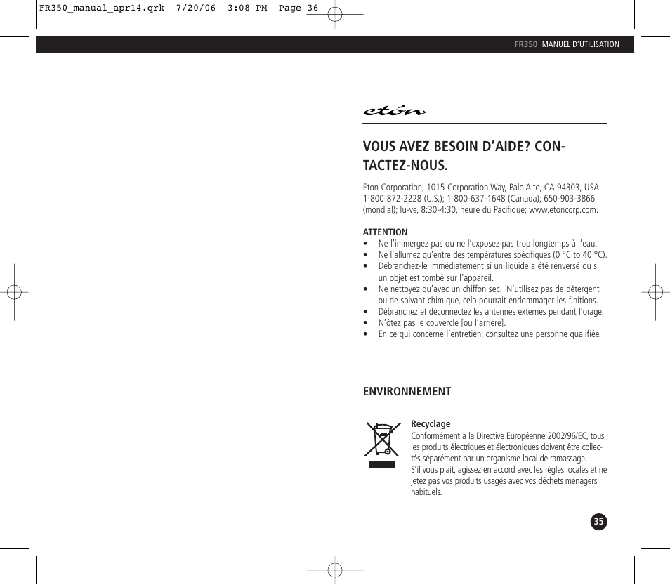 Vous avez besoin d’aide? con- tactez-nous | Eton FR350 User Manual | Page 19 / 31