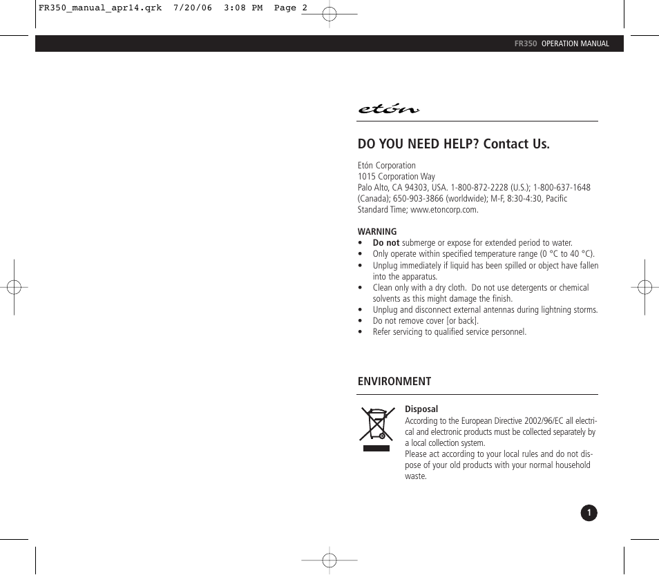 Do you need help? contact us | Eton FR350 User Manual | Page 2 / 31