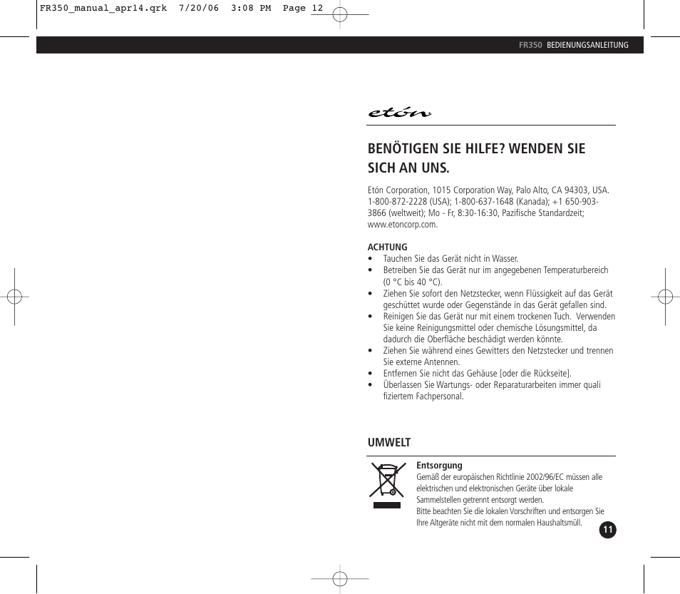 Benötigen sie hilfe? wenden sie sich an uns | Eton FR350 User Manual | Page 7 / 31