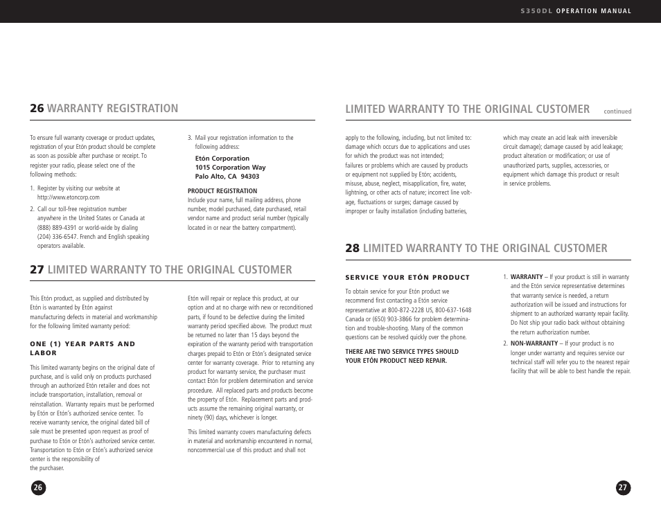 Limited warranty to the original customer, 26 warranty registration, 27 limited warranty to the original customer | 28 limited warranty to the original customer | Eton AM/FM Radio User Manual | Page 14 / 15