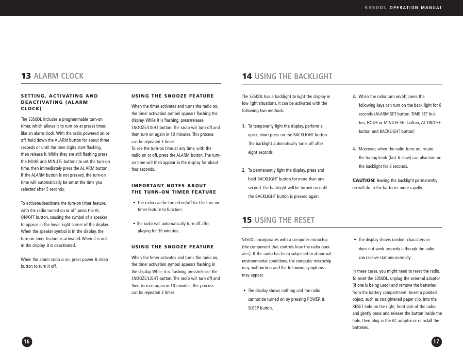 14 using the backlight, 15 using the reset, 13 alarm clock | Eton AM/FM Radio User Manual | Page 9 / 15