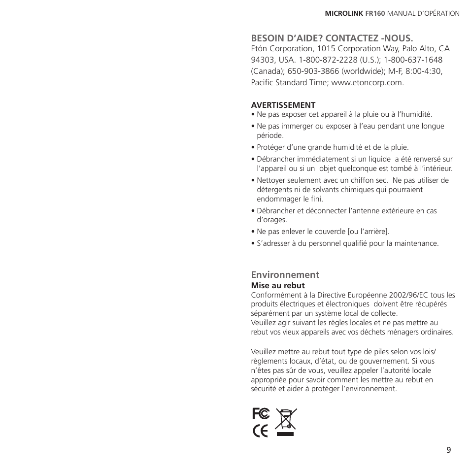 Besoin d’aide? contactez -nous, Environnement | Eton Microlink ARCFR160WXW WHT User Manual | Page 5 / 11