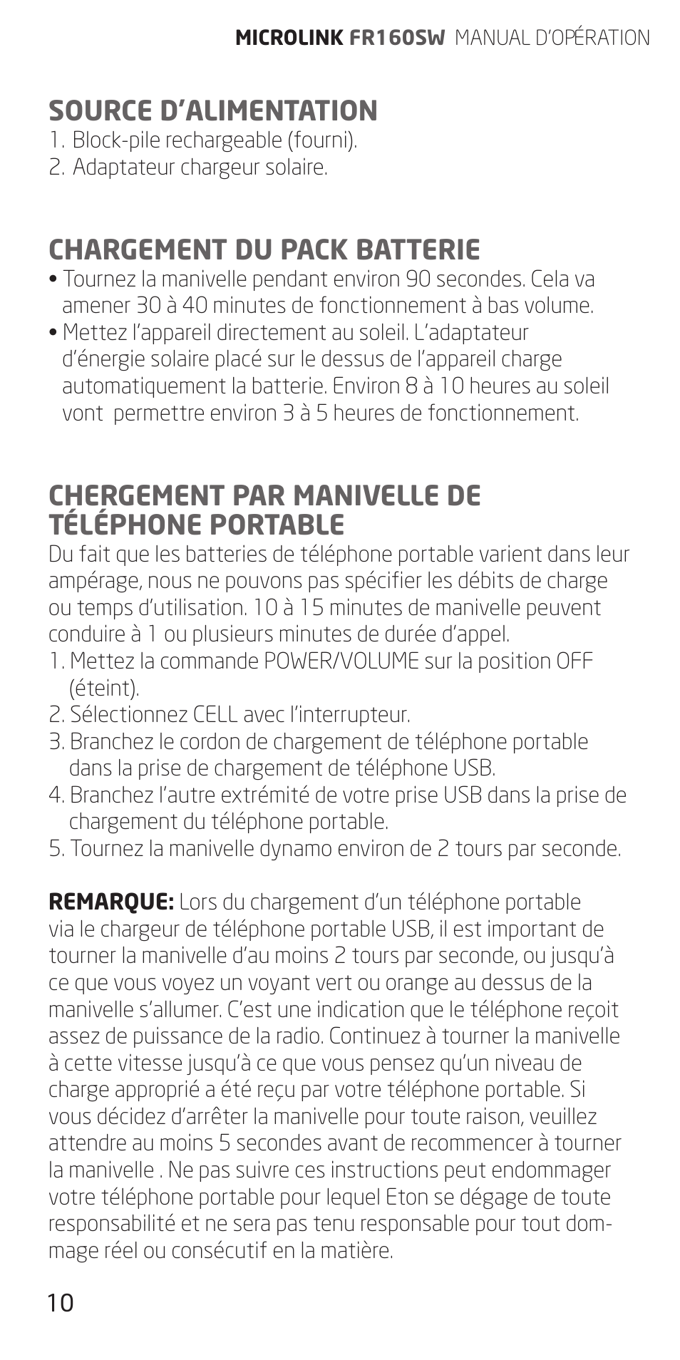 Source d’alimentation, Chargement du pack batterie, Chergement par manivelle de téléphone portable | Eton FR160 User Manual | Page 10 / 32