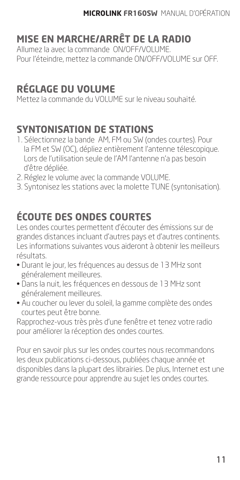 Mise en marche/arrêt de la radio, Réglage du volume, Syntonisation de stations | Écoute des ondes courtes | Eton FR160 User Manual | Page 11 / 32