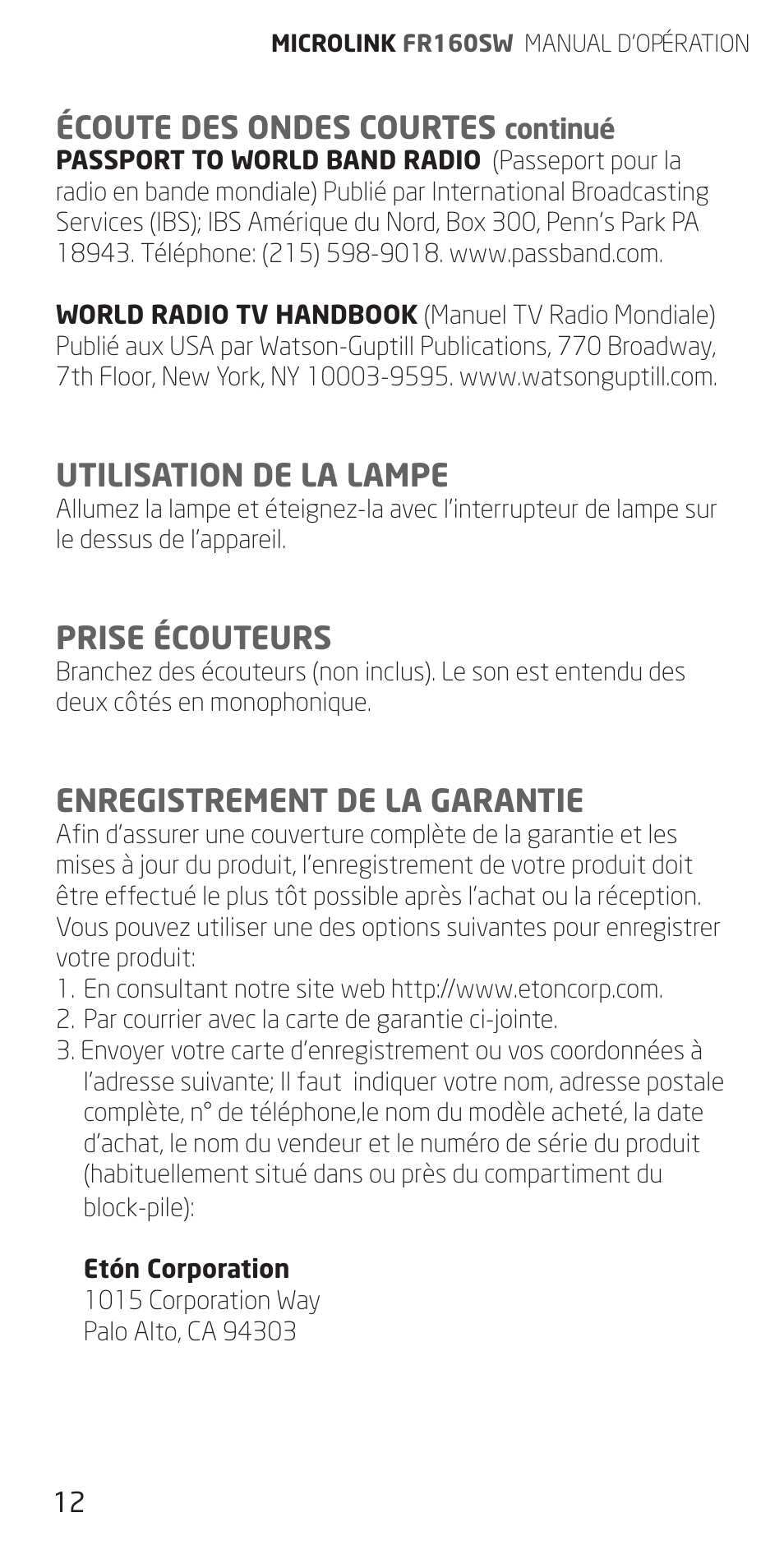 Écoute des ondes courtes, Utilisation de la lampe, Prise écouteurs | Enregistrement de la garantie | Eton FR160 User Manual | Page 12 / 32