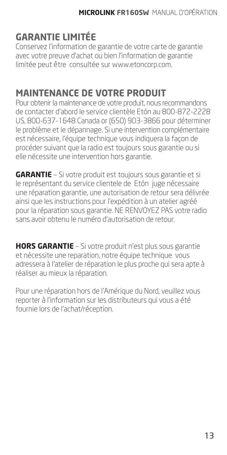 Garantie limitée, Maintenance de votre produit | Eton FR160 User Manual | Page 13 / 32
