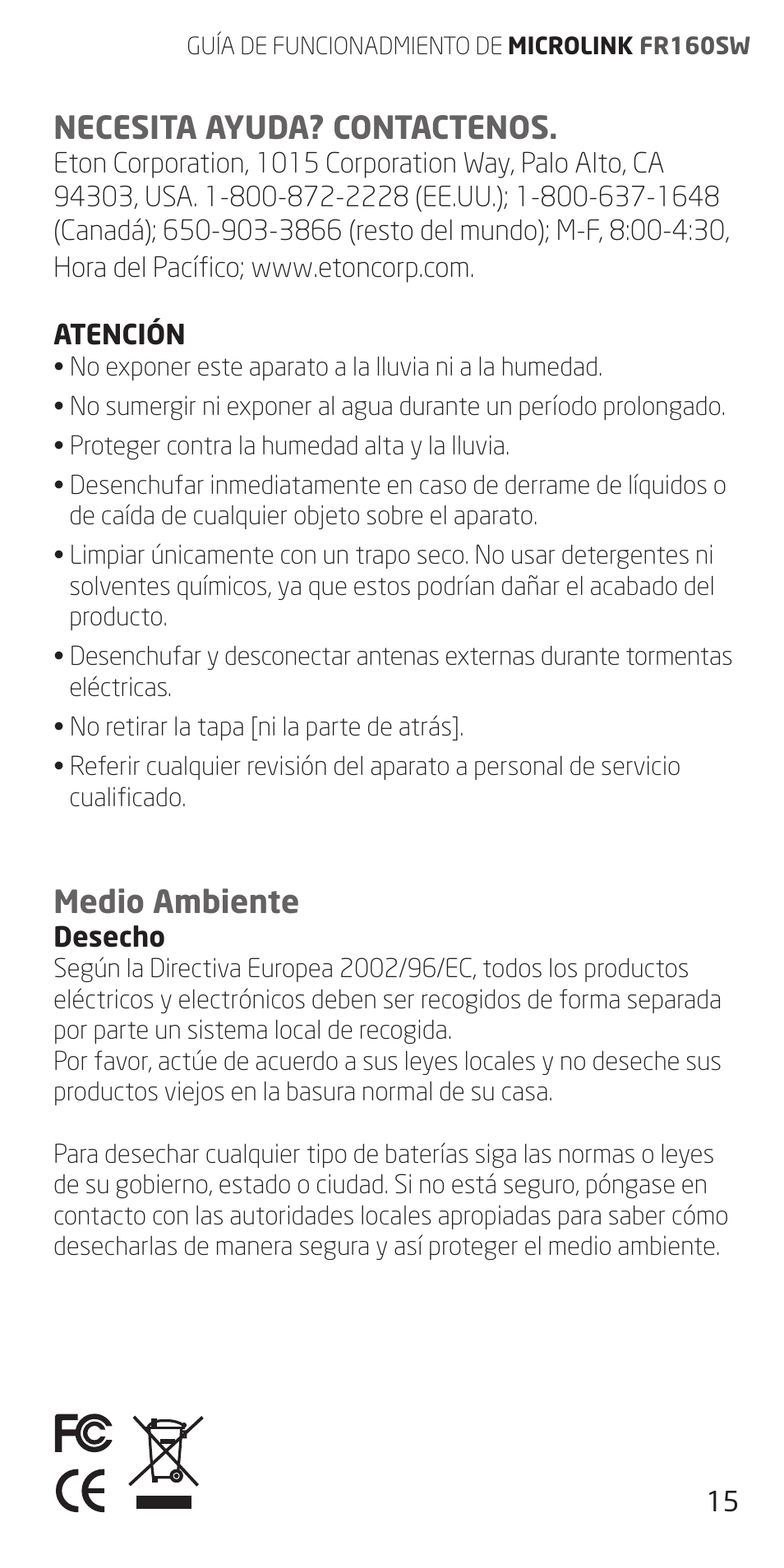 Necesita ayuda? contactenos, Medio ambiente | Eton FR160 User Manual | Page 15 / 32