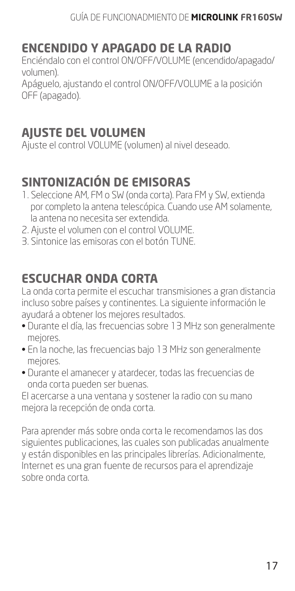 Encendido y apagado de la radio, Ajuste del volumen, Sintonización de emisoras | Escuchar onda corta | Eton FR160 User Manual | Page 17 / 32