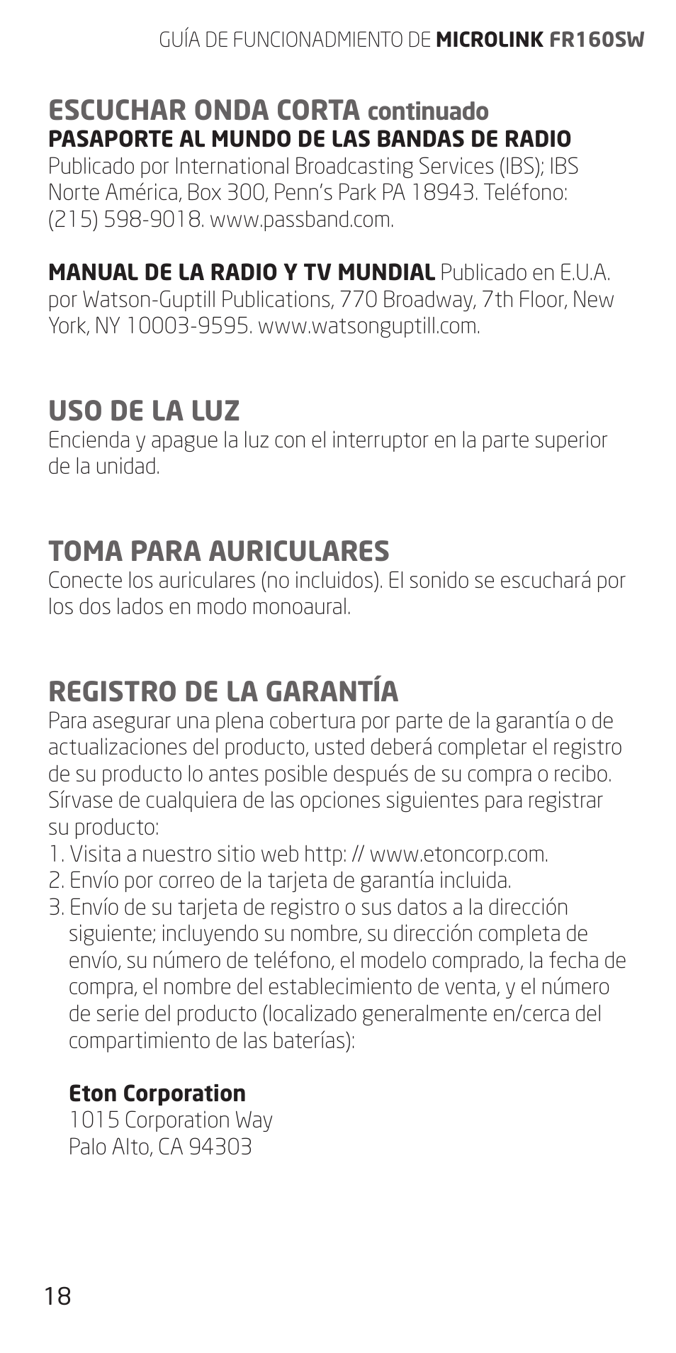 Escuchar onda corta, Uso de la luz, Toma para auriculares | Registro de la garantía | Eton FR160 User Manual | Page 18 / 32