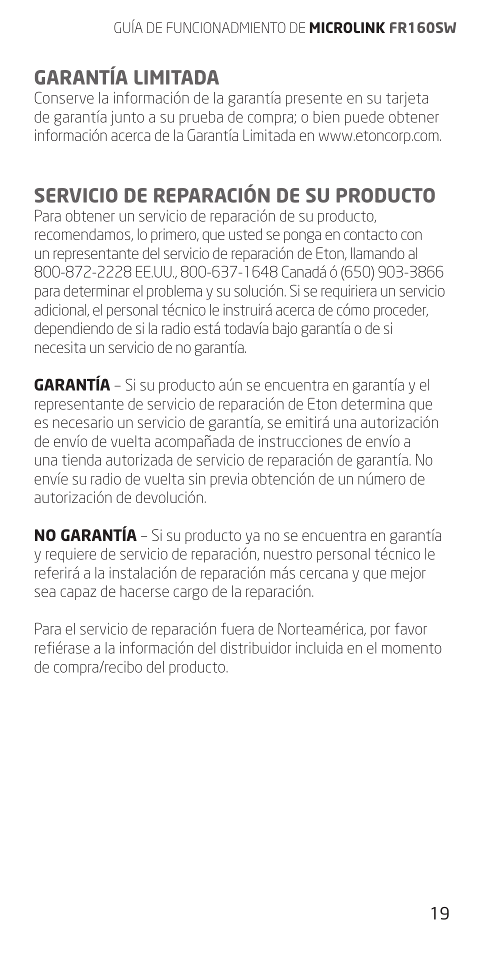 Garantía limitada, Servicio de reparación de su producto | Eton FR160 User Manual | Page 19 / 32