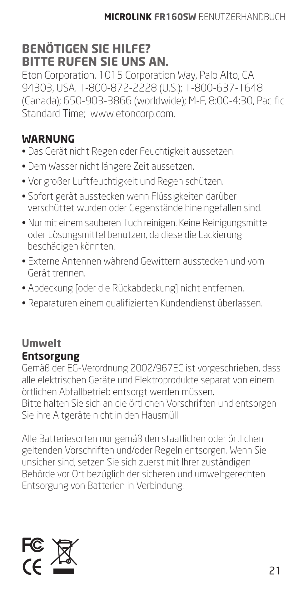 Benötigen sie hilfe? bitte rufen sie uns an | Eton FR160 User Manual | Page 21 / 32