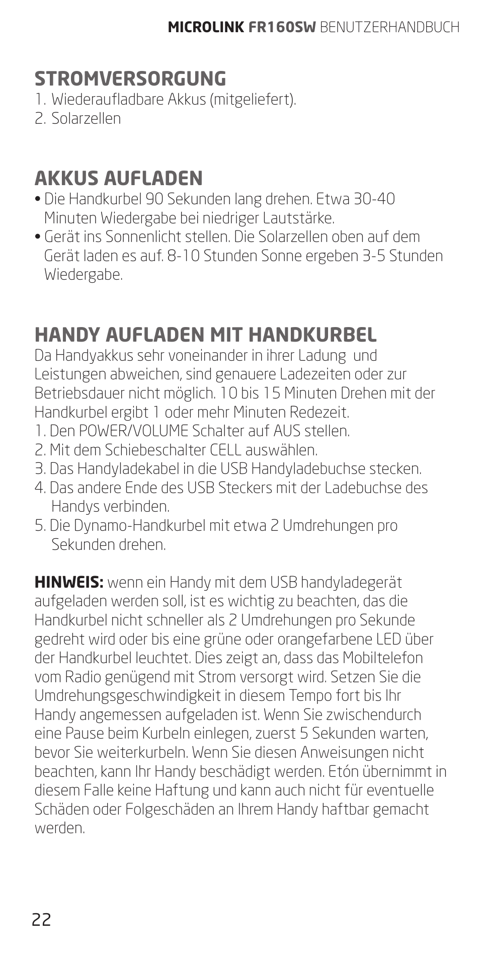 Stromversorgung, Akkus aufladen, Handy aufladen mit handkurbel | Eton FR160 User Manual | Page 22 / 32