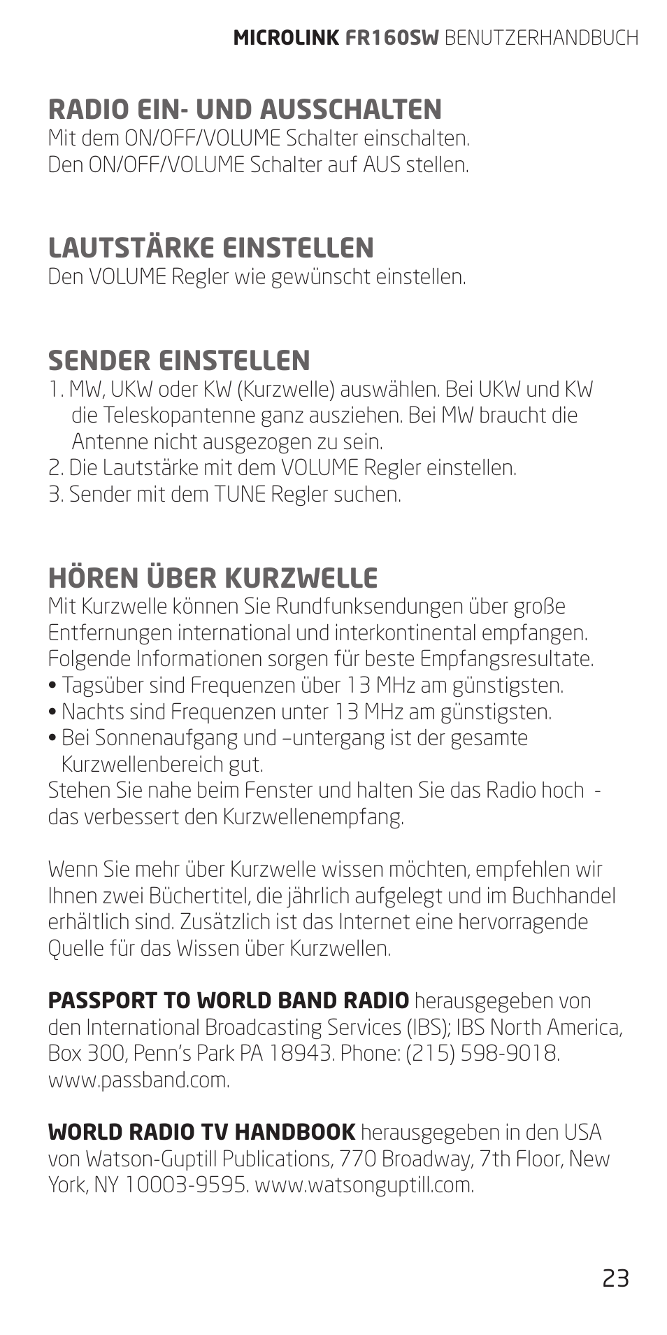 Radio ein- und ausschalten, Lautstärke einstellen, Sender einstellen | Hören über kurzwelle | Eton FR160 User Manual | Page 23 / 32