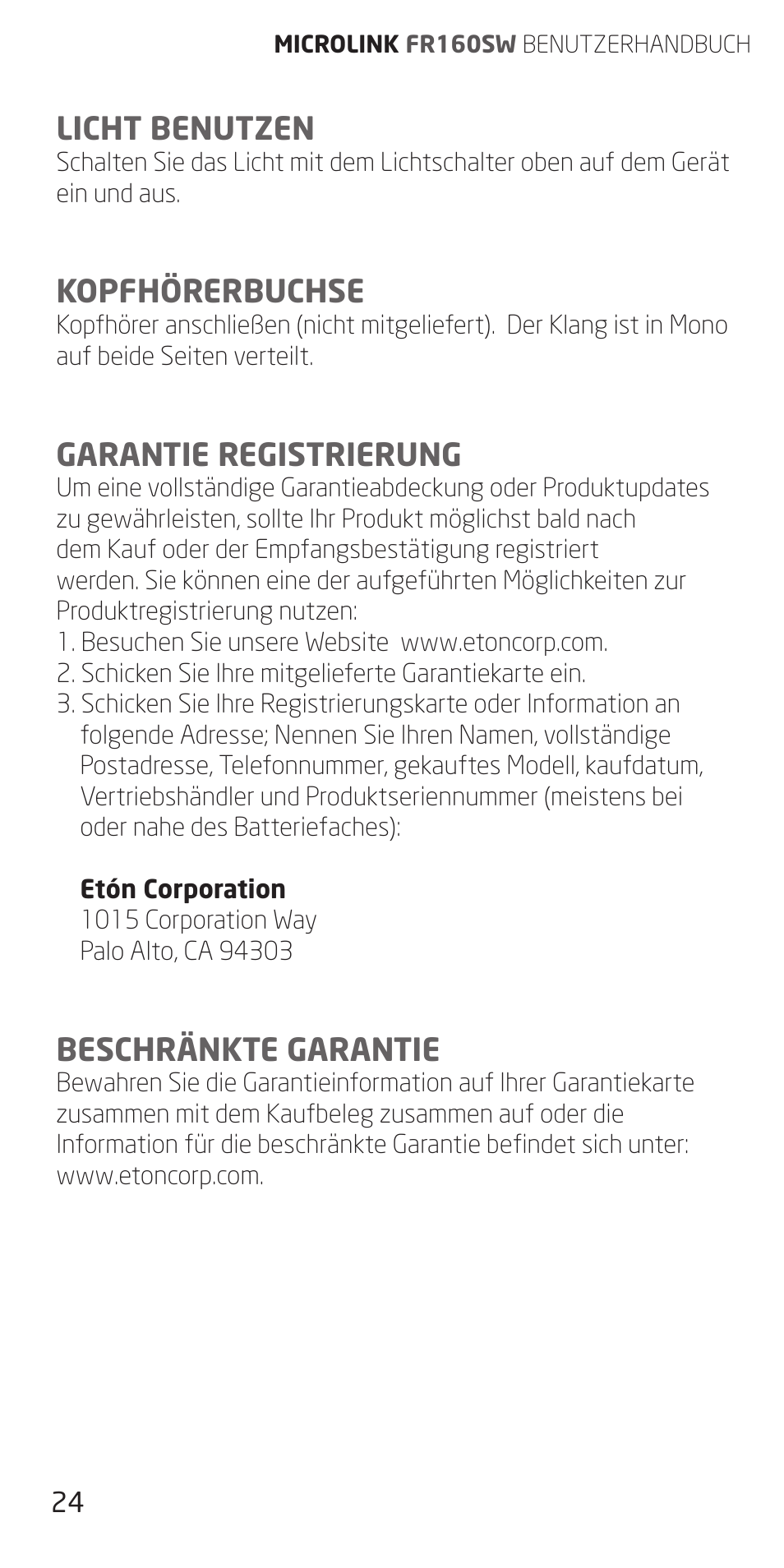 Licht benutzen, Kopfhörerbuchse, Garantie registrierung | Beschränkte garantie | Eton FR160 User Manual | Page 24 / 32