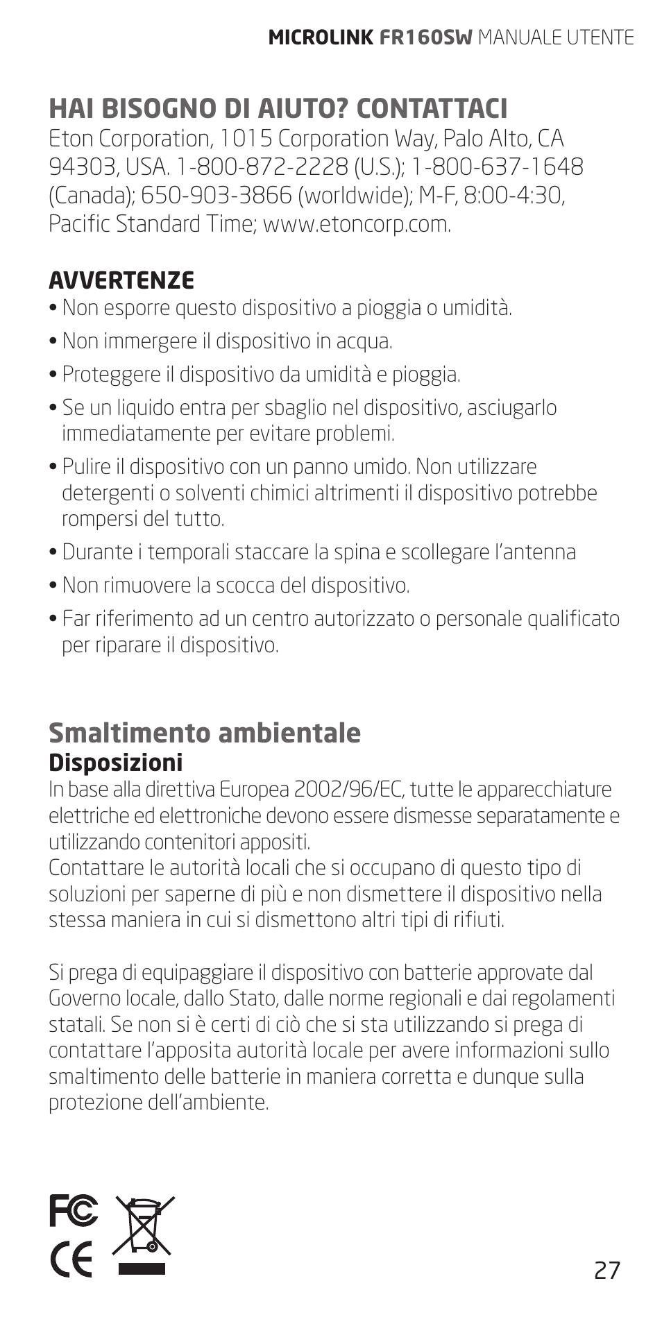 Hai bisogno di aiuto? contattaci, Smaltimento ambientale | Eton FR160 User Manual | Page 27 / 32