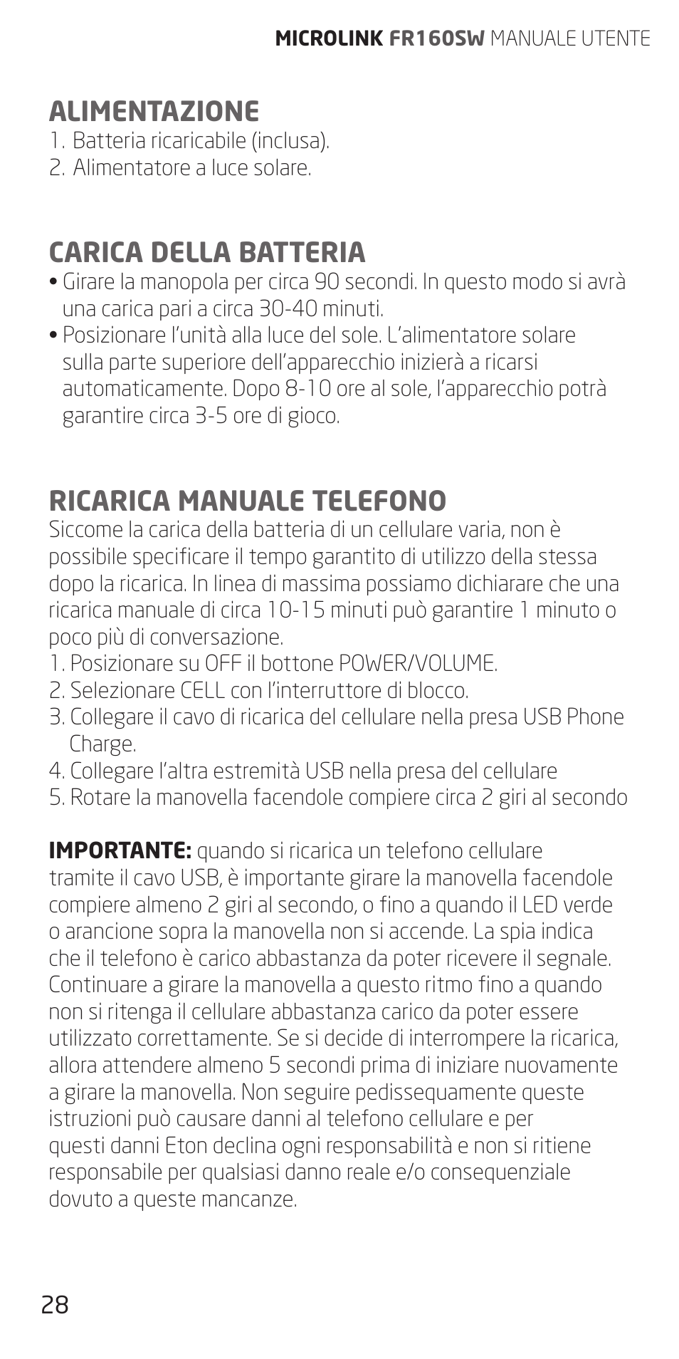 Alimentazione, Carica della batteria, Ricarica manuale telefono | Eton FR160 User Manual | Page 28 / 32