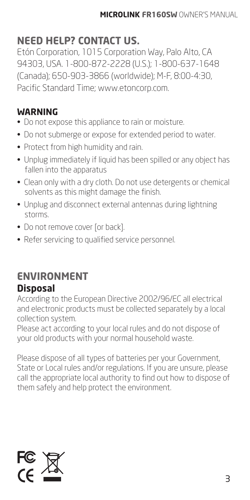 Need help? contact us, Environment | Eton FR160 User Manual | Page 3 / 32