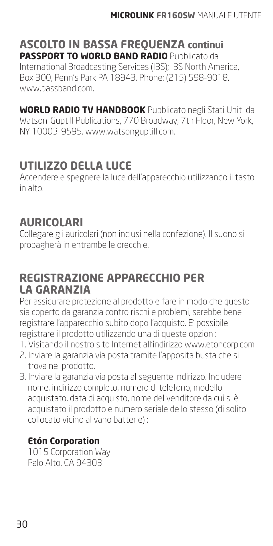 Ascolto in bassa frequenza, Utilizzo della luce, Auricolari | Registrazione apparecchio per la garanzia | Eton FR160 User Manual | Page 30 / 32