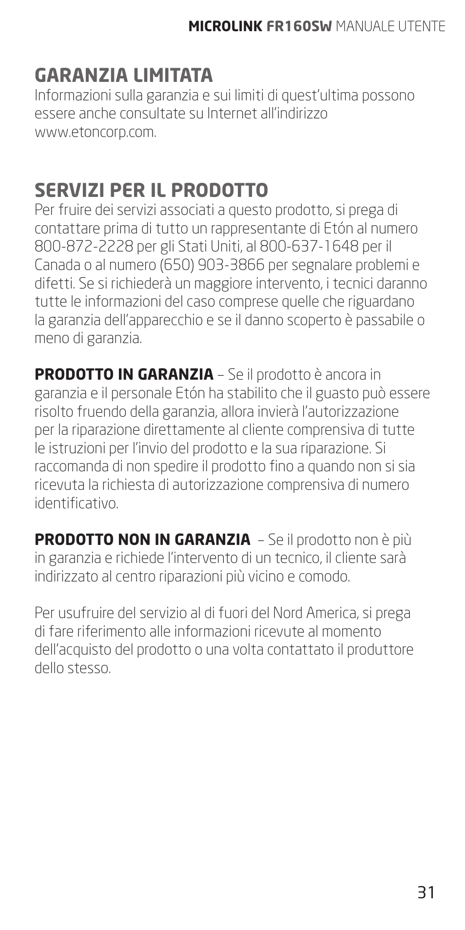 Garanzia limitata, Servizi per il prodotto | Eton FR160 User Manual | Page 31 / 32