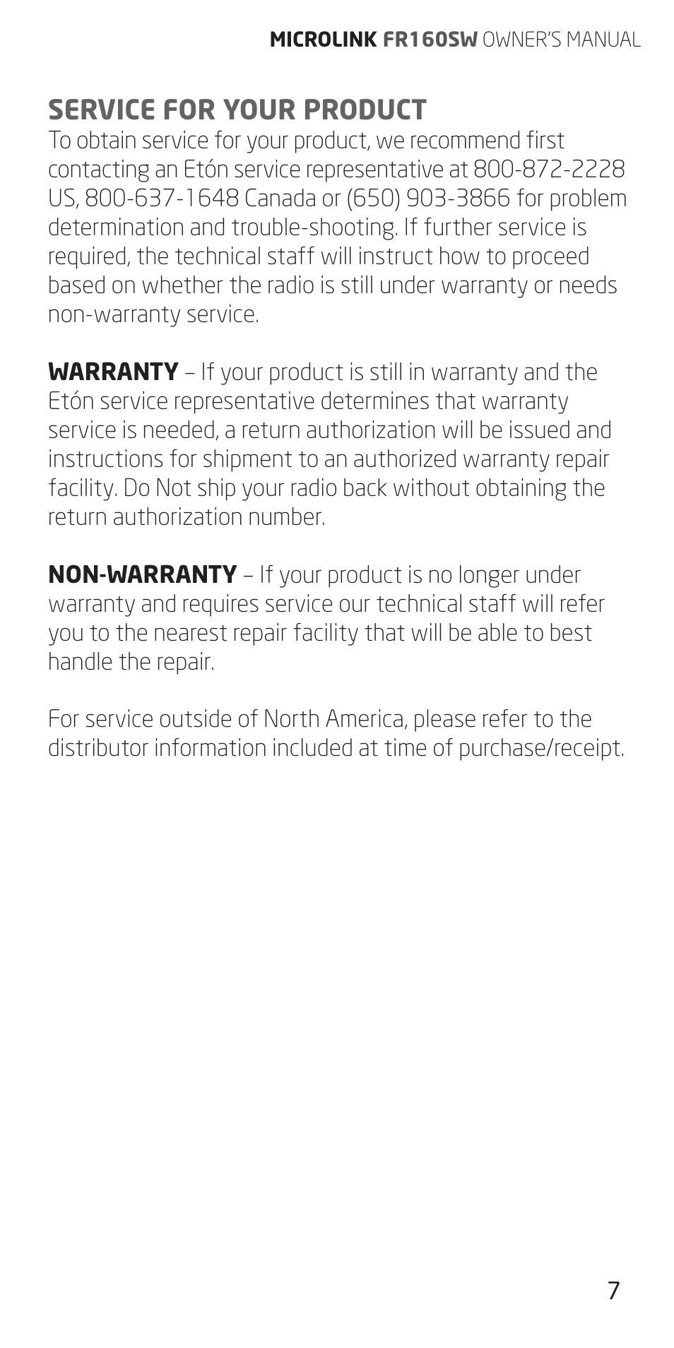 Service for your product | Eton FR160 User Manual | Page 7 / 32