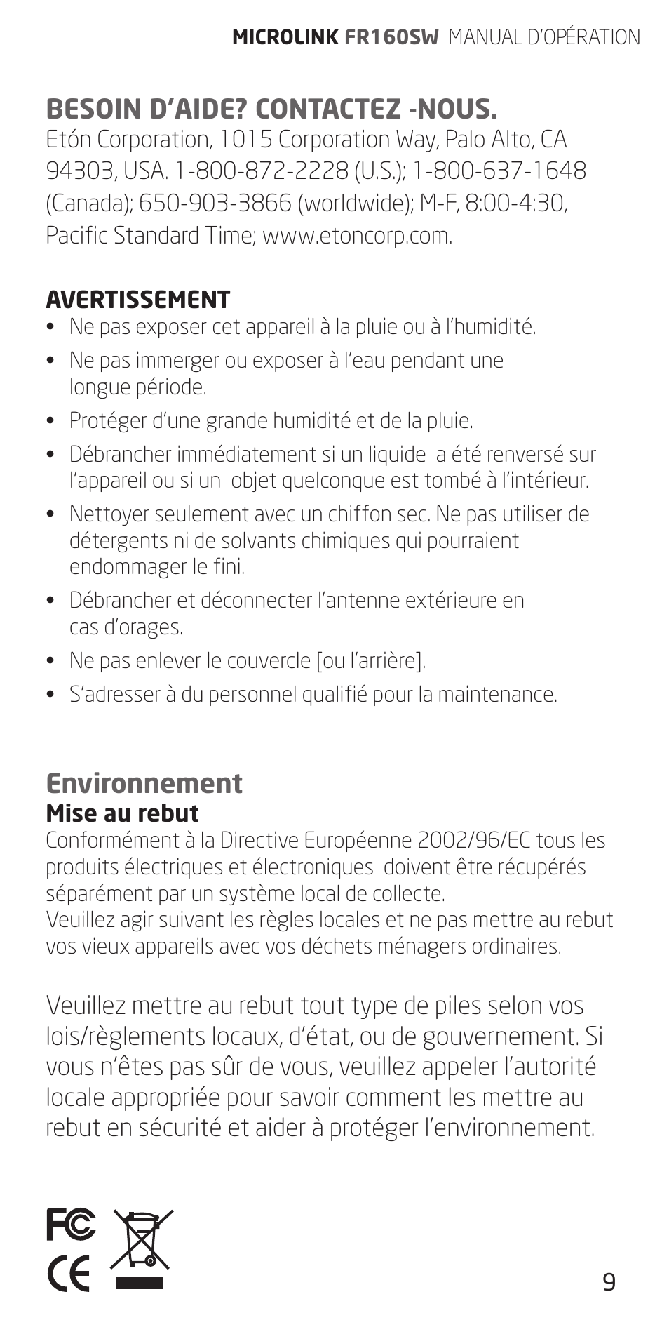 Besoin d’aide? contactez -nous, Environnement | Eton FR160 User Manual | Page 9 / 32