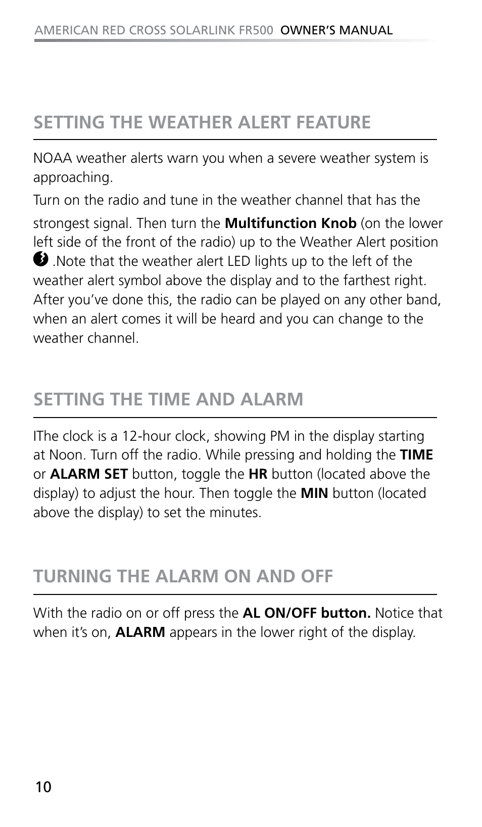 Setting the weather alert feature, Setting the time and alarm, Turning the alarm on and off | Eton SOLARLINK FR500 User Manual | Page 10 / 30