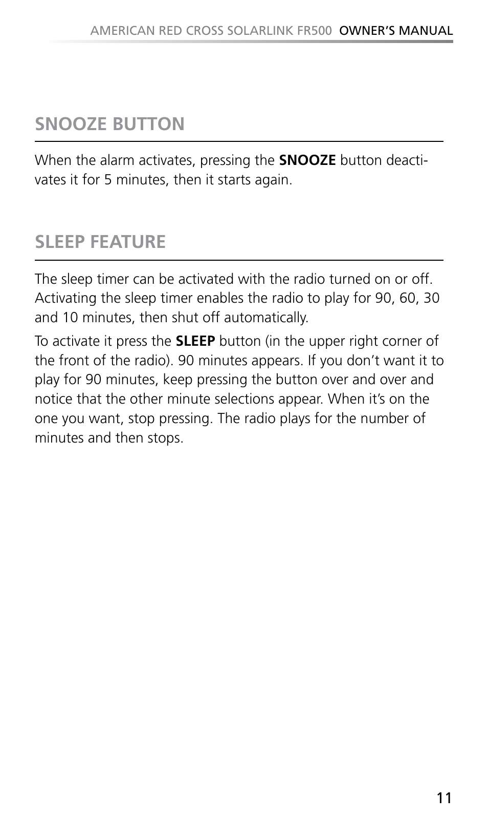 Snooze button, Sleep feature | Eton SOLARLINK FR500 User Manual | Page 11 / 30