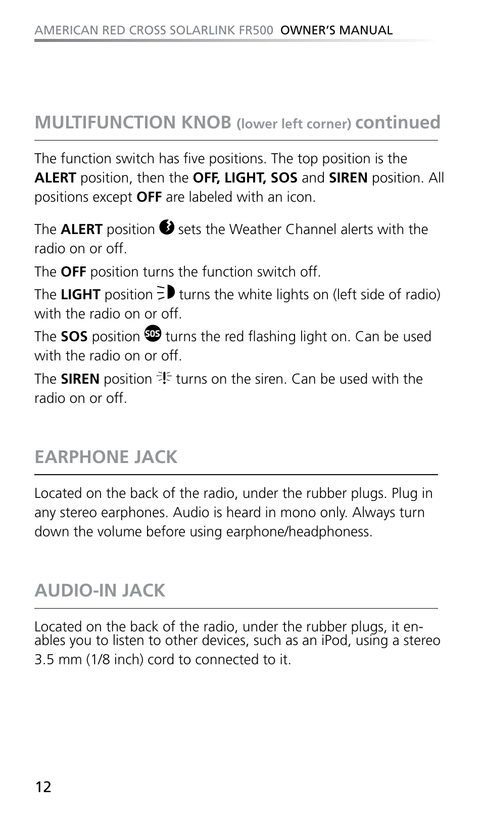 Multifunction knob, Continued, Earphone jack | Audio-in jack | Eton SOLARLINK FR500 User Manual | Page 12 / 30