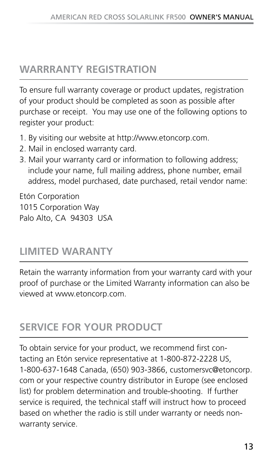 Warrranty registration, Limited waranty, Service for your product | Eton SOLARLINK FR500 User Manual | Page 13 / 30