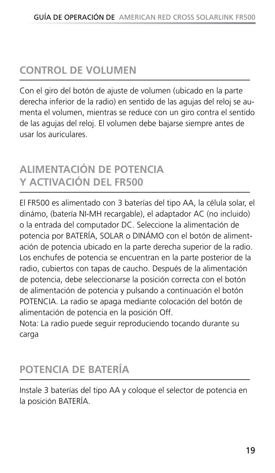 Control de volumen, Alimentación de potencia y activación del fr500, Potencia de batería | Eton SOLARLINK FR500 User Manual | Page 19 / 30