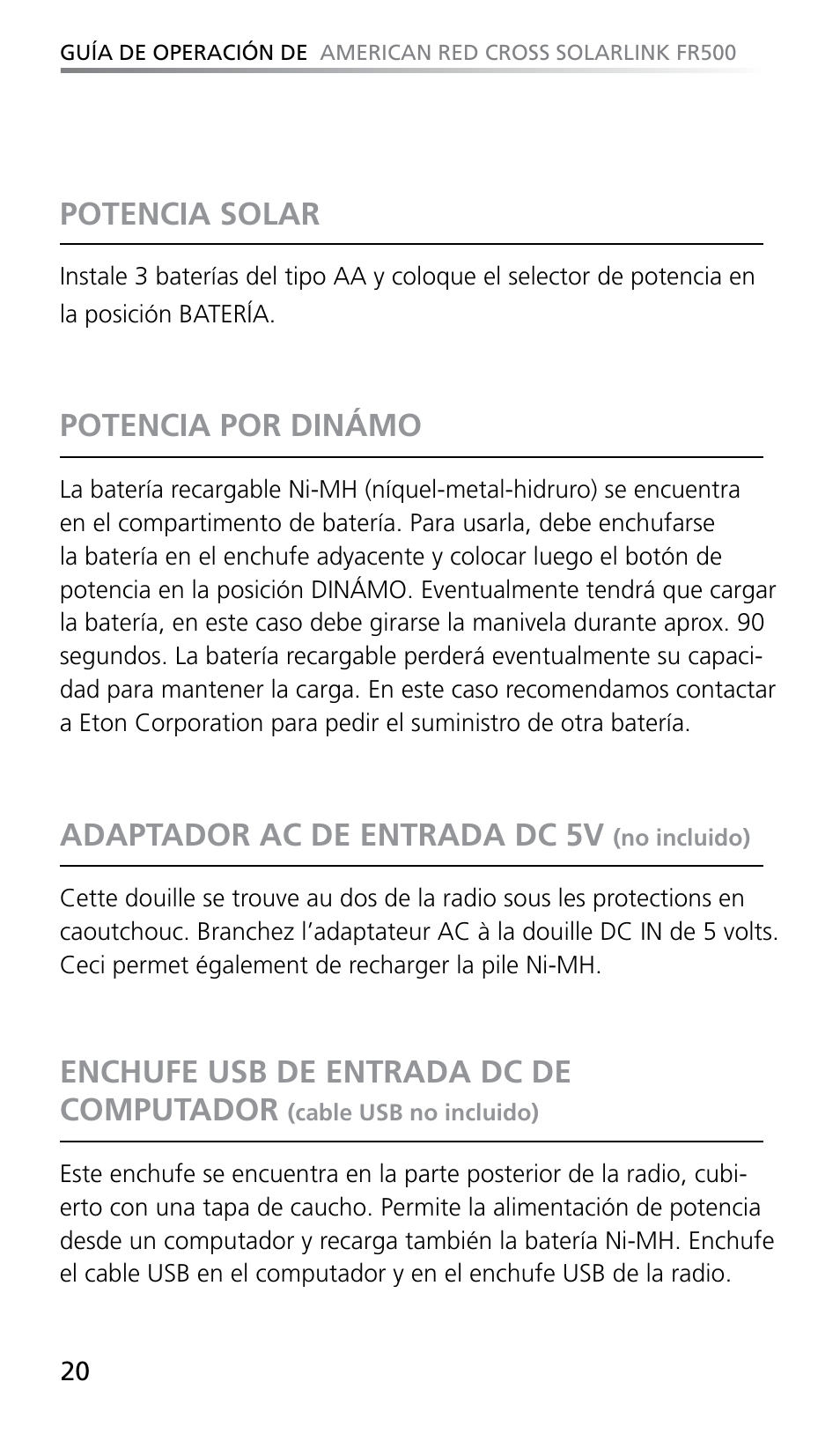 Potencia solar, Potencia por dinámo, Adaptador ac de entrada dc 5v | Enchufe usb de entrada dc de computador | Eton SOLARLINK FR500 User Manual | Page 20 / 30