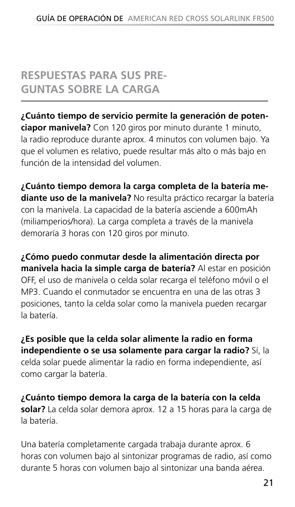 Respuestas para sus pre- guntas sobre la carga | Eton SOLARLINK FR500 User Manual | Page 21 / 30