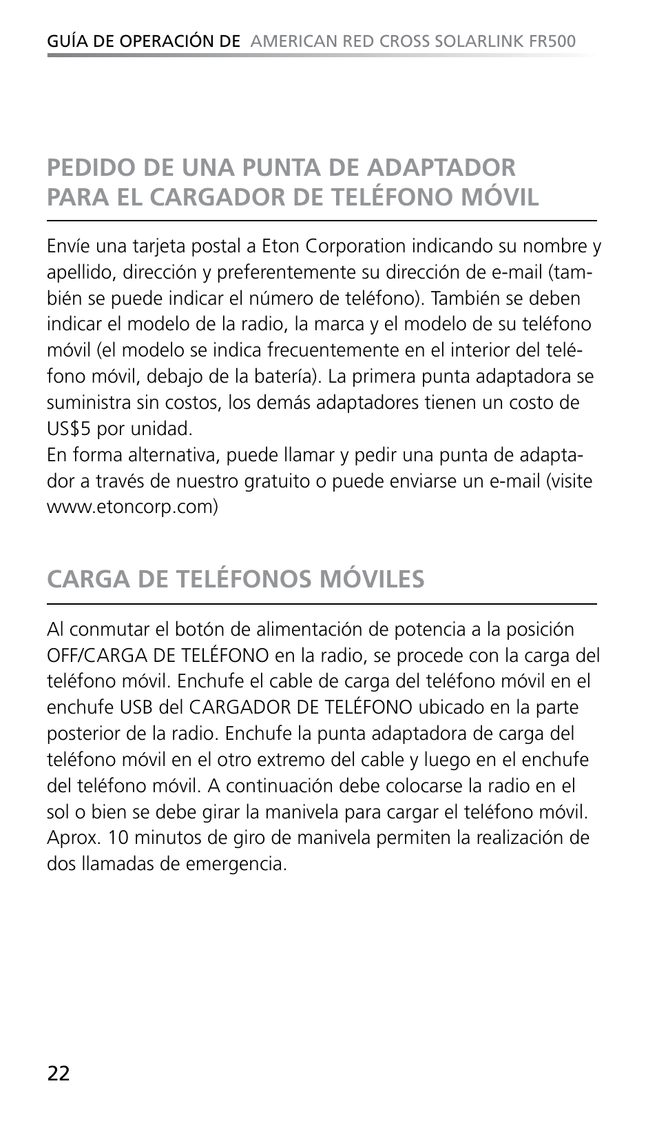 Carga de teléfonos móviles | Eton SOLARLINK FR500 User Manual | Page 22 / 30
