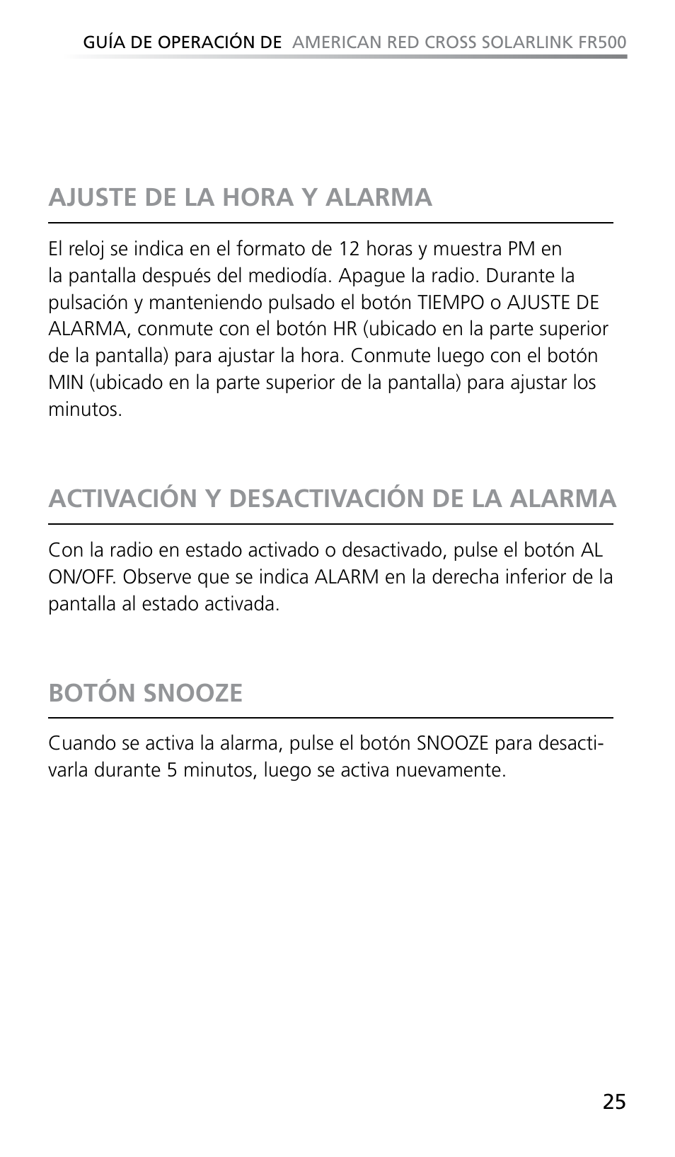 Ajuste de la hora y alarma, Activación y desactivación de la alarma, Botón snooze | Eton SOLARLINK FR500 User Manual | Page 25 / 30