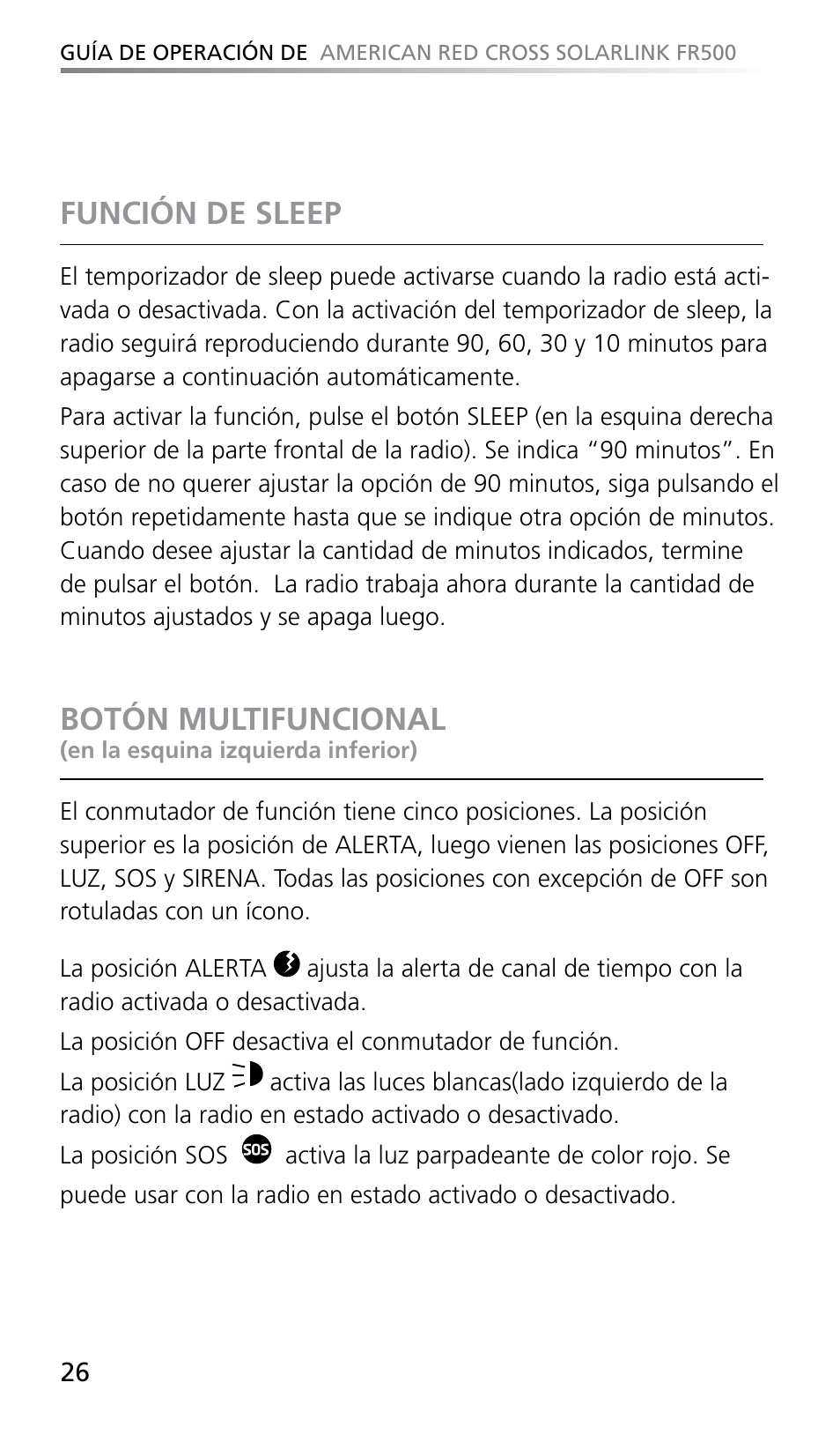 Función de sleep, Botón multifuncional | Eton SOLARLINK FR500 User Manual | Page 26 / 30