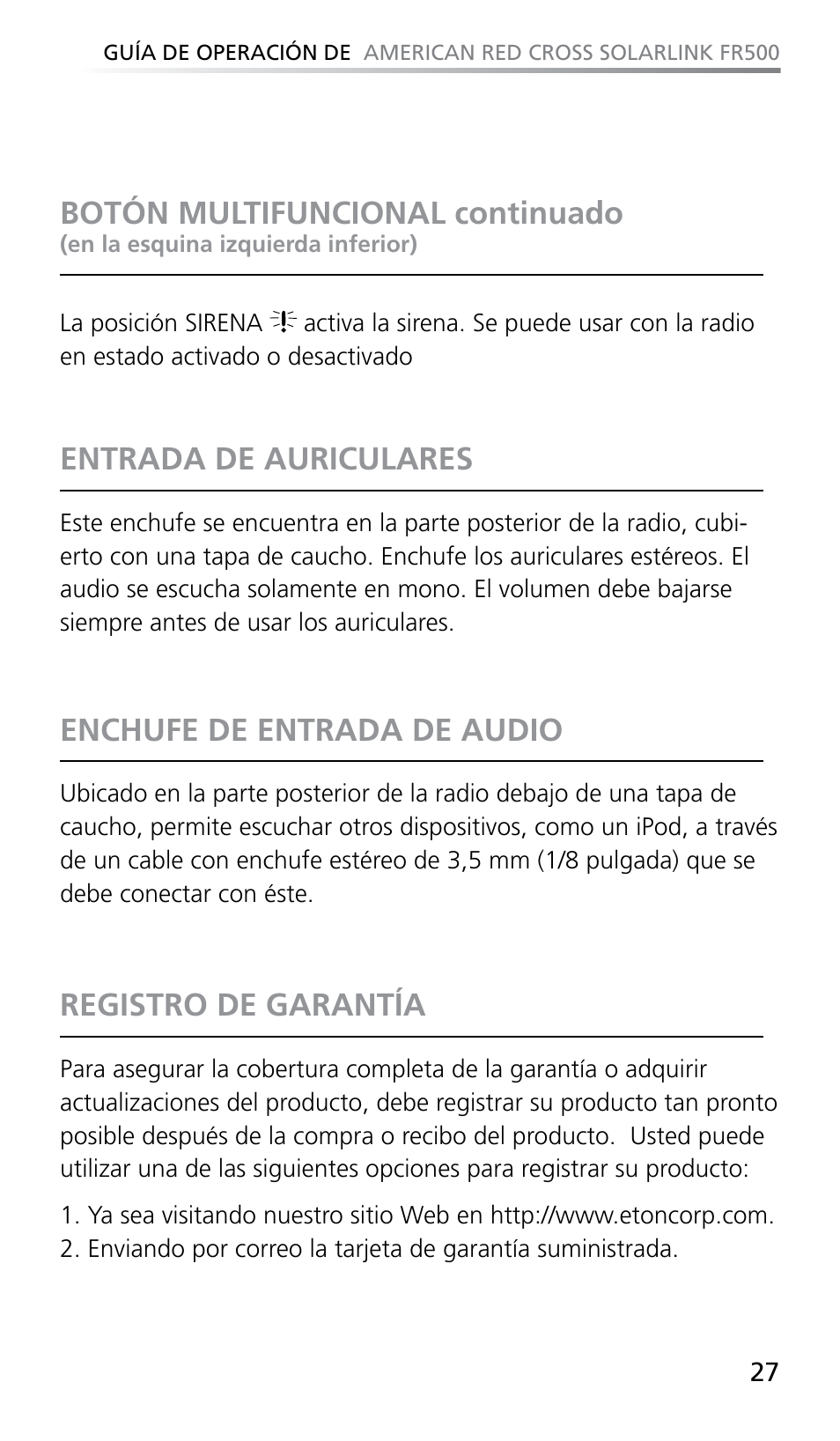 Botón multifuncional continuado, Entrada de auriculares, Enchufe de entrada de audio | Registro de garantía | Eton SOLARLINK FR500 User Manual | Page 27 / 30