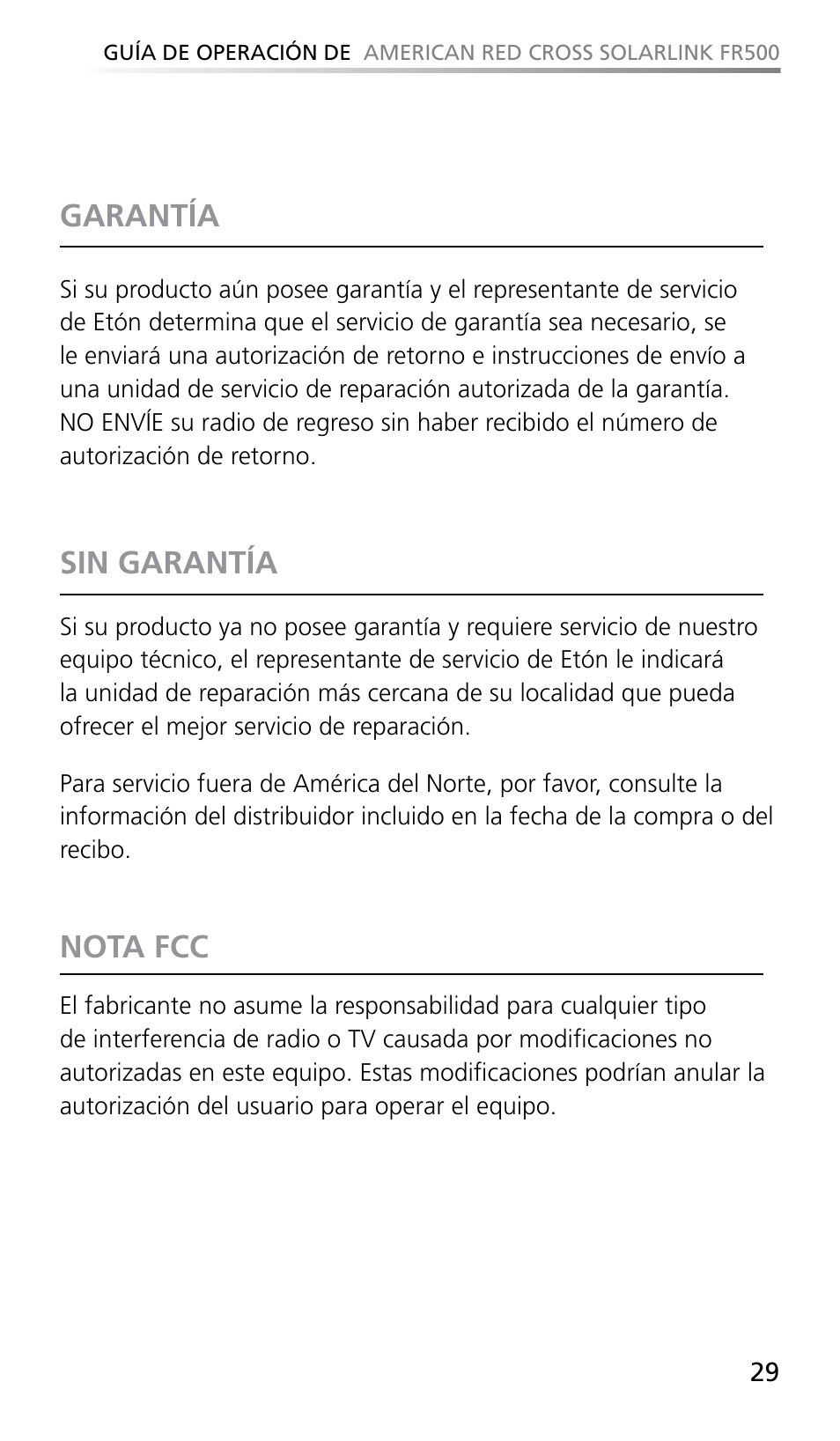 Garantía, Sin garantía, Nota fcc | Eton SOLARLINK FR500 User Manual | Page 29 / 30