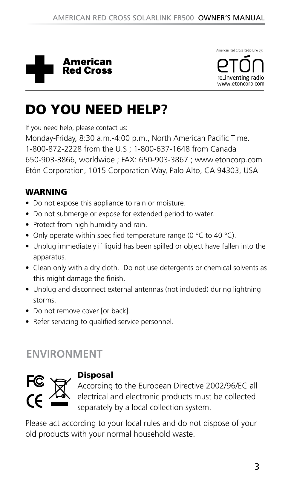 Do you need help, Environment | Eton SOLARLINK FR500 User Manual | Page 3 / 30