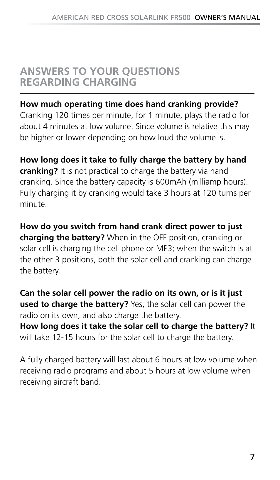 Answers to your questions regarding charging | Eton SOLARLINK FR500 User Manual | Page 7 / 30