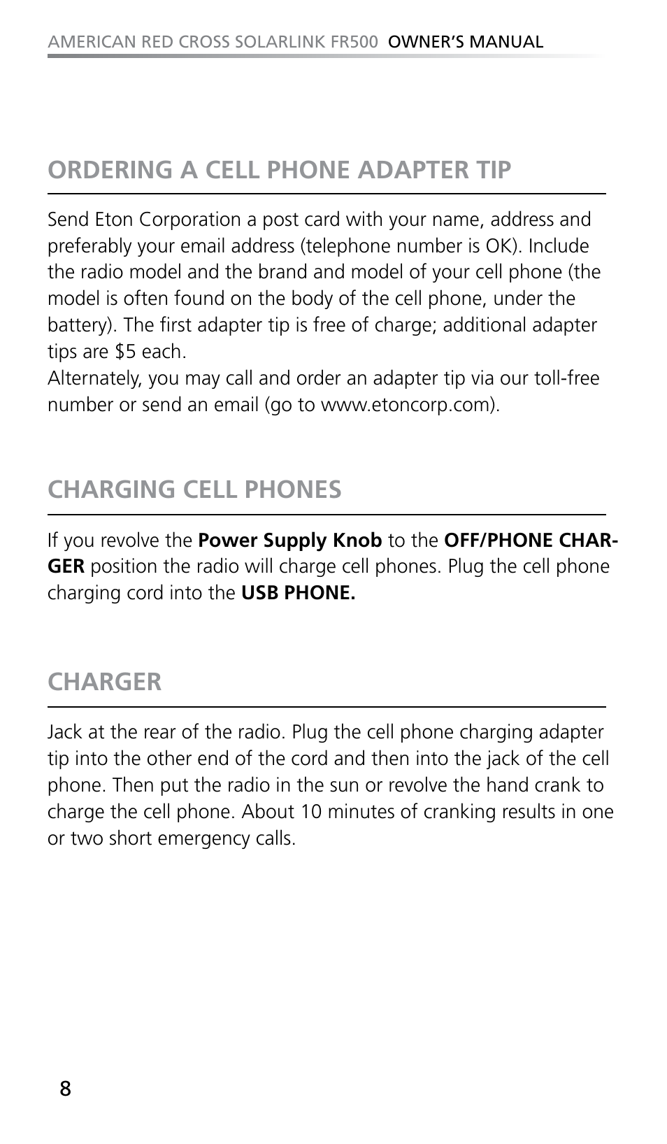 Ordering a cell phone adapter tip, Charging cell phones, Charger | Eton SOLARLINK FR500 User Manual | Page 8 / 30