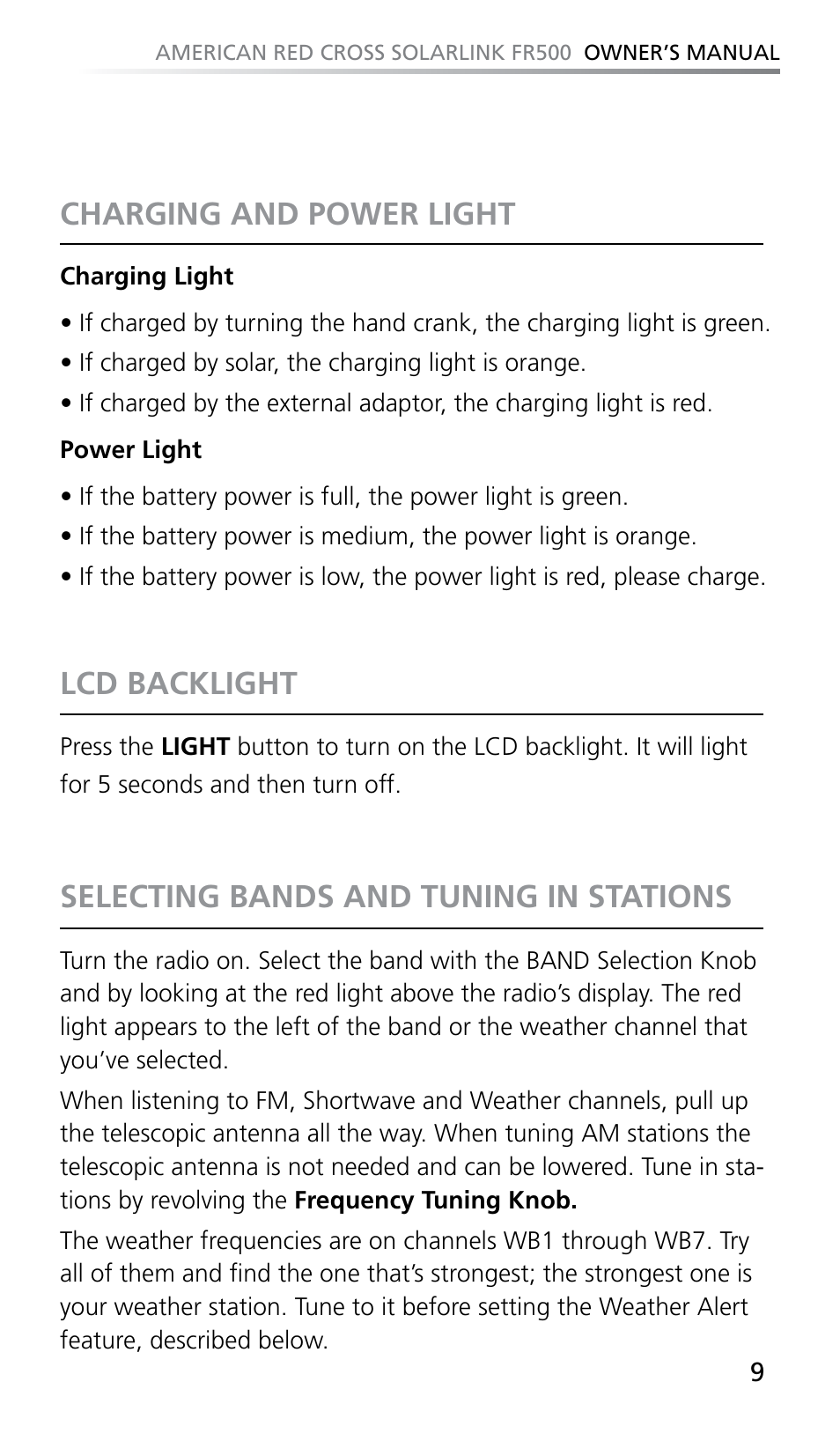 Charging and power light, Lcd backlight, Selecting bands and tuning in stations | Eton SOLARLINK FR500 User Manual | Page 9 / 30