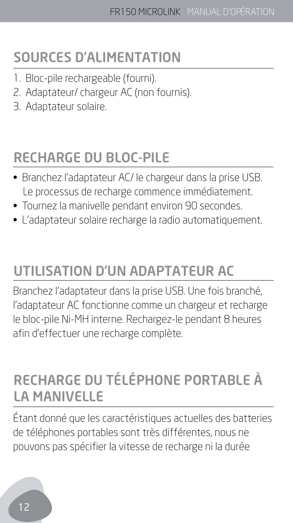 Sources d’alimentation | Eton MICROLINK FR150 User Manual | Page 12 / 26