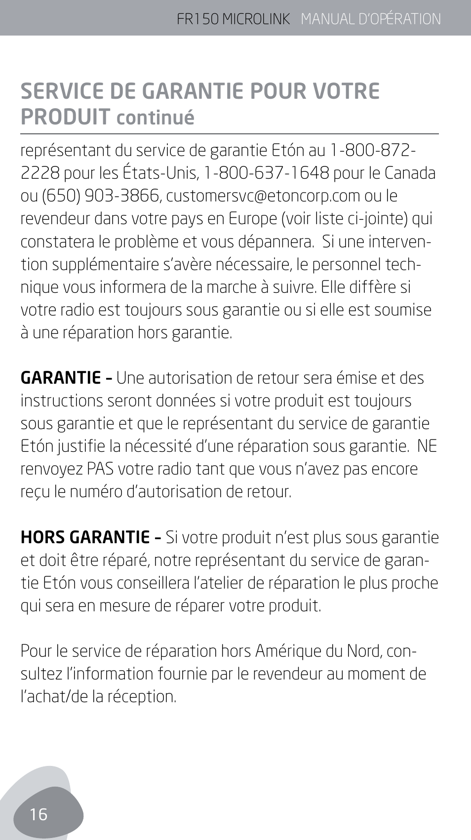 Service de garantie pour votre produit | Eton MICROLINK FR150 User Manual | Page 16 / 26