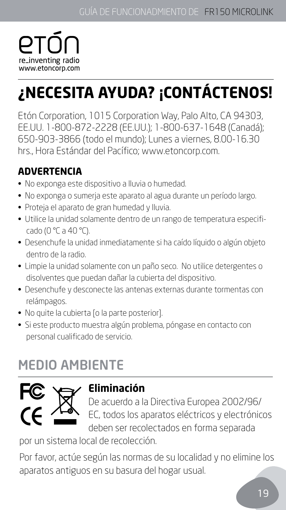 Necesita ayuda? ¡contáctenos, Medio ambiente | Eton MICROLINK FR150 User Manual | Page 19 / 26